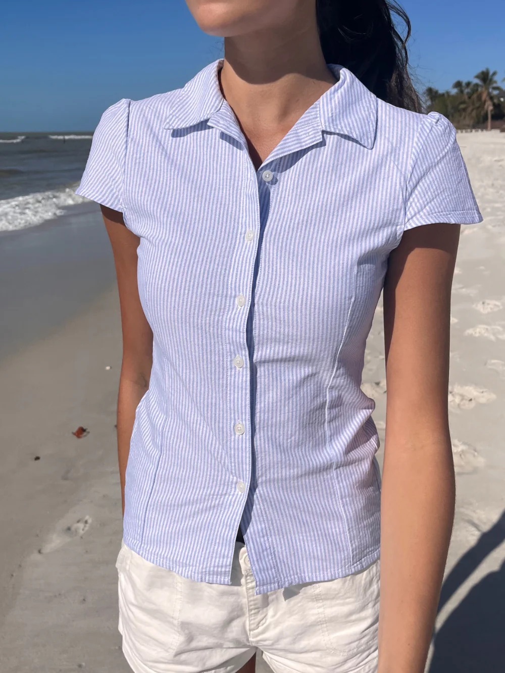 Brandy Melville rue top in blue and white stripes